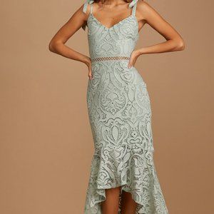 Lulus Won Your Heart Sage Green Lace Tie-Strap High-Low Midi Dress